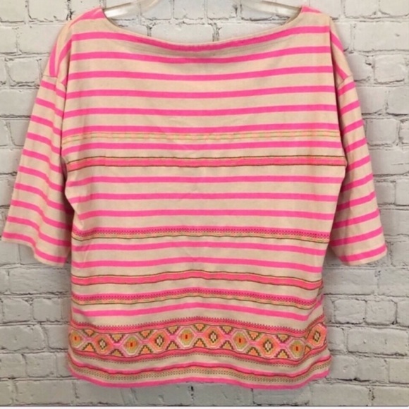 J.CREW / striped pink embroidered 3/4 sleeves top - Picture 4 of 5